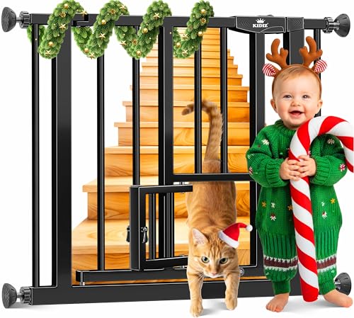 KIDIZ® Cancelletto di Sicurezza per porte, Cancelletto per Bambini, con Porta per Cani e Gatti, senza foratura, espandibile, combinabile con i mandrini a Y, girevole, 102-115 cm - Nero