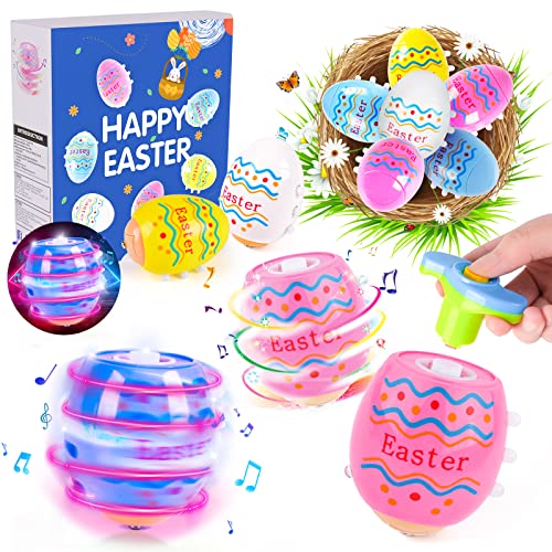 Vatos Easter Toys Eggs for Kids - 6 Pack Lighting & Spining & Singing Plastic Colorful Easter Toys Egss, Easter Basket Stuffers Party Favors Easter Toys Gifts for Kids 3+ Boys Girls