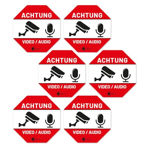 iSecur Video Audio Aufkleber 6x - Achtung Überwacht Hinweis - 4 5 cm Rot Weiß I Folie Wetterfest selbstklebend I hin839