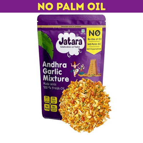 Image of Jatara Andhra Garlic Mixture, Authentic Andhra Style Spicy Namkeen Snack, Crunchy and Flavorful, 210g