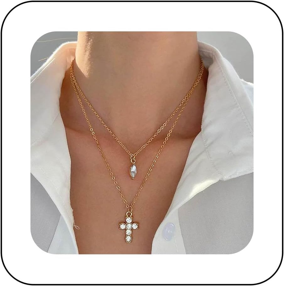 Andelaisi Boho Layered Crystal Cross Necklace Vintage Cross Crucifix pendant Necklace Gold CZ Teardrop Choker Necklace Adjustable Religious Cross Chain Necklace Jewelry for Women