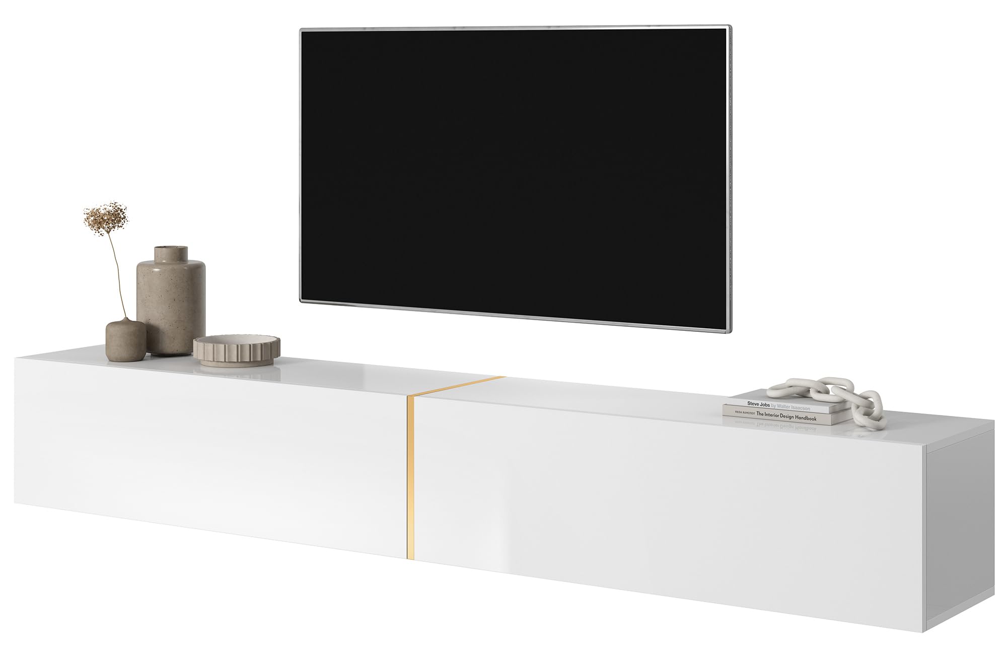 Selsey Meuble TV Armoire De Télévision 200 cm Suspendu Salle De Séjour Chambre À Coucher Blanc avec Insert Doré Bisira