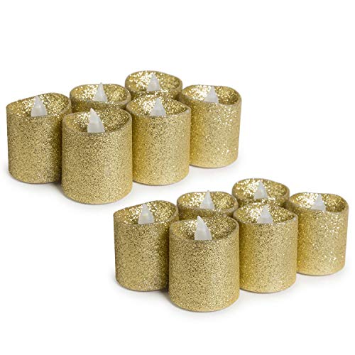 West Ivory Set Of 12 - Wyzworks Gold Glitter Votive Tea Light Flameless Christmas Xmas Tree, Valentine, Holiday Led Faux Wax Candle #TOP3
