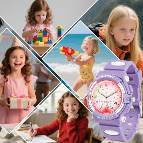 GUUMUXIN Analoge Kinderuhr mit Bunten Lichtern für Jungen und Mädchen, 30M wasserdichte Lernuhr TPU Armband Outdoor Sportuhr für 5-16 Jahre