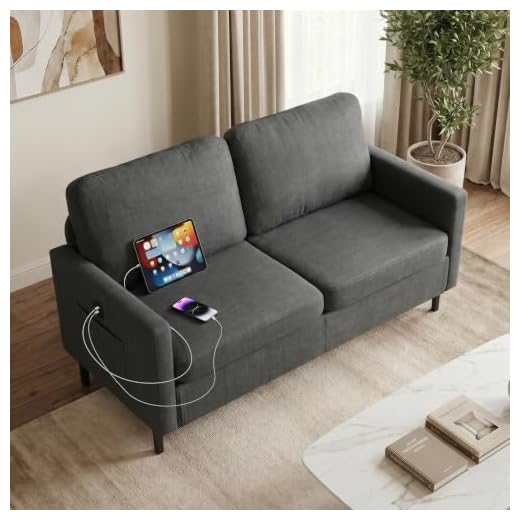 Stylish Dark Grey Loveseat with USB Ports