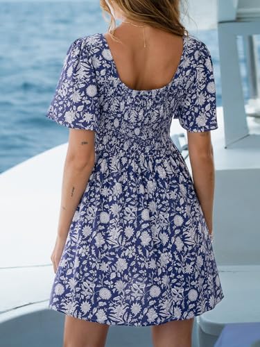 Image of CUPSHE Women's Summer Dresses Casual V Neck Short Sleeve Cutout Smocked Short Flowy Beach Mini Dress
