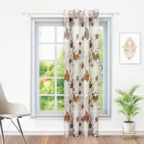Image of Curtains 7 feet Long Set of 10 | Brown Transparent Sheer Curtain | Room Decoration Items for Bedroom | 215 x 118 cm | Floral Design Door Curtain | | Perfect for Home Decor