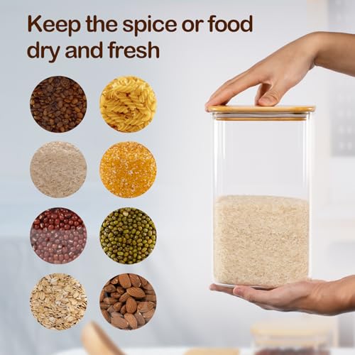Airtight Glass Square Storage Canister with Bamboo Lid Set of 2 Glass Jars for Sugar, Flour, Cookies and Coffee beans