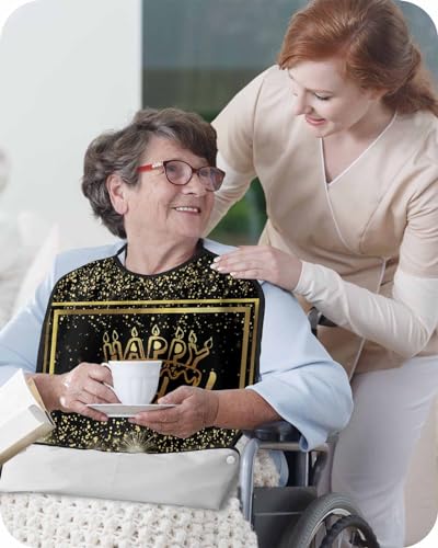 Sabolny Gold Black Adult Bib for Eating with Crumb Catcher, Washable & Waterproof Terry Cloth Adjustable Elderly Women Men Adult Bibs Funny Apron Reusable Clothing Protector Happy Birthday Boho Dots