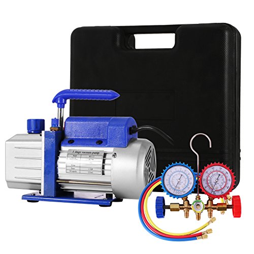 HODOY 4CFM 1 / 4HP Pompa per vuoto del refrigerante Kit HVAC Pompa per vuoto a singola fase CA con 1 valvola A/C Set di misuratori per refrigerante Aria condizionata refrigerante (4CFM1/4HP)