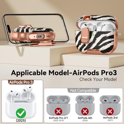 Image of for AirPod Pro 3 Case 2025, with Safty Lock & Phone Stand for Floral AirPod Pro 3 Generation Case Cover for Women Girly, iPod Pro 3 Cases with Keychain & Cleaner Kit -Black+ White Zebra