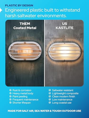 Image of KASTLITE Outdoor LED Bulkhead Light Fixture, 9.5W Energy Star 5000K Oval Wall Mount Nautical Lighting, Rust-Proof Polycarbonate Build for Wet Locations, Porch Patio Dock & Exterior Lights, FE102 /White