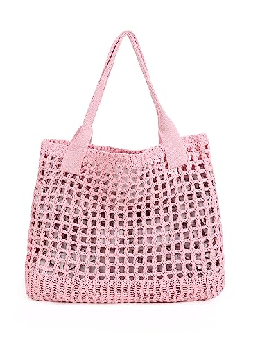 ENBEI Women's Beach Tote Bag, Crocheted Knit Hollow Design, Stylish & Spacious Tote for Beach,Travel,and Everyday Use,Cute Aesthetic Summer Handbag (Pink)