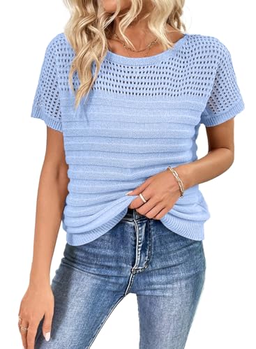 Image of SHEWIN Womens Sweaters Crew Neck Short Sleeve Shirts Summer Tops Knit Hollow Out T Shirts Sweater Blouses