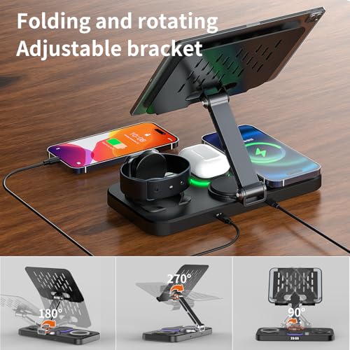 Image of Wireless Charger for Apple Multiple Devices, Charging Station with Clock &7 Color Ambient Light, Foldable Rotate Stand for iPad, for iPhone16 /15 /14, for Apple Watch10 /9 AirPods4 (Adapter Not Included)
