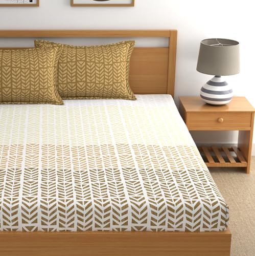 Image of Home Ecstasy 100% Cotton King Fitted Bedsheet with 2 Pillow Covers - (Size 72 x 78 inches, 140 TC, Colour - Brown)