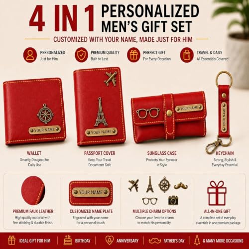 Image of Customized Wallet Combo Gift Set for Men | Faux Leather Wallet, Passport Cover & Keychain with Name & Charm | Personalized Gift for Birthday, Rakhi & Anniversary (Red wkps)