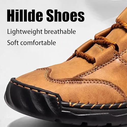 Hillde Shoes, Hillde Mens Shoes, Hillde Boots Men's Casual Leather Fashion Sneakers Ankle Chukka Boots Handmade Mid-top Non-Slip Walking Driving Shoes(Brown,US 10.5)4