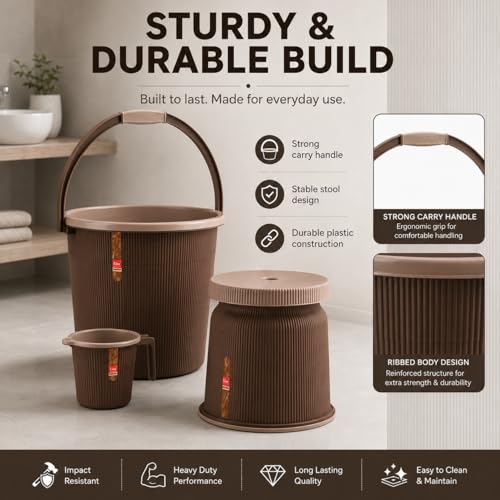 Image of Plastic Bathroom Set with Mug Patla /Stool | Bath Accessory Set (25 Liter Bucket+ 1 Liter Mug+Big Stool) (Dark Brown)