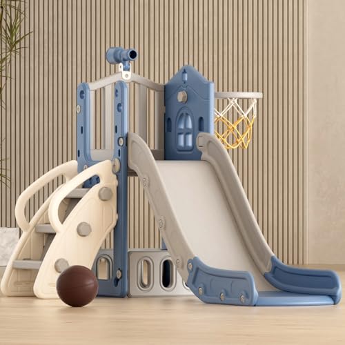 XJD - XJD 5 in 1 Toddler Slide, Kids Slide for Toddlers Age 1-3, Outdoor Indoor Playset for Toddlers with Basketball Hoop and Ball, Storage Space and Non-Slip Steps Telescope (Blue)
