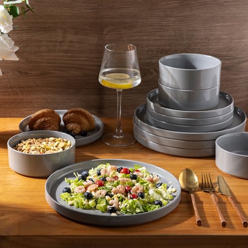 Image of AmorArc Ceramic Dinnerware Set for 8 | Speckled Stoneware Plates and Bowls with Rustic Terracotta Underside| Scratch Resistant,Dishwasher & Microwave Safe Dishes Sets- 24pcs Gray