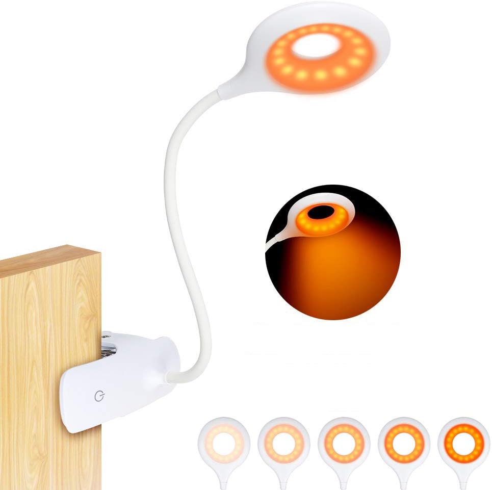 flowlamp Clip On Reading Light for Bed Headboard, Rechargeable 16 LED Amber Book Light, 5 Brightness Desk Light Clamp Lamp, Touch Control Dimmable Reading Lamp with Flexible Neck, Night Light (White)