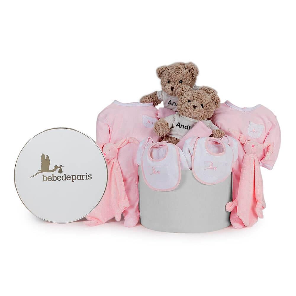 BebeDeParis Regalos para Bebes Recien Nacidos Personalizados | Canastilla Bebé Clásica Gemelos | Caja Estilo Vintage | 3 a 6 Meses (Rosa)