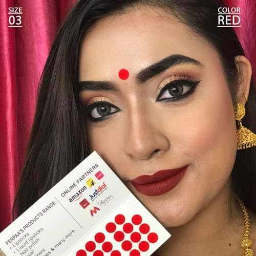 Image of PERPAA Premium Velvet Sticker Kumkum Bindi Box of 15 Flaps - Pottu for Women, Ladies, Girls (Size 3, Diameter 9mm, Red)