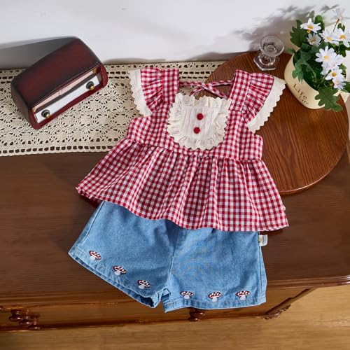 Baby Girl Summer Plaid Top & Denim Shorts Outfit Set - Ideal for 6M - 3T2