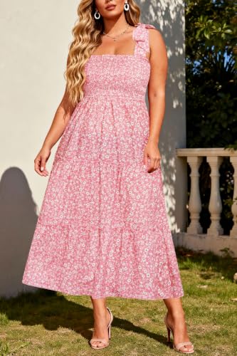 Image of Plus Size Summer Dress - Sun Boho Beach Casual Floral Tiered Smocked Long Maxi Dresses