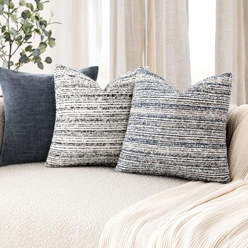 Image of Foindtower Set of 2 Faux Fur Textured Modern Throw Decorative Pillow Covers Lumbar Accent Striped Cushion Sherpa Boho Farmhouse Pillowcase for Couch Sofa Living Room Home Decor 12x20 Inch,Dark Blue