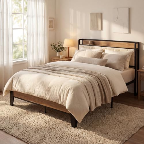 Image of LIKIMIO Full XL Bed Frames, Storage Headboard with Charging Station, Solid and Stable, Noise Free, No Box Spring Needed, Easy Assembly, Wood and Cream
