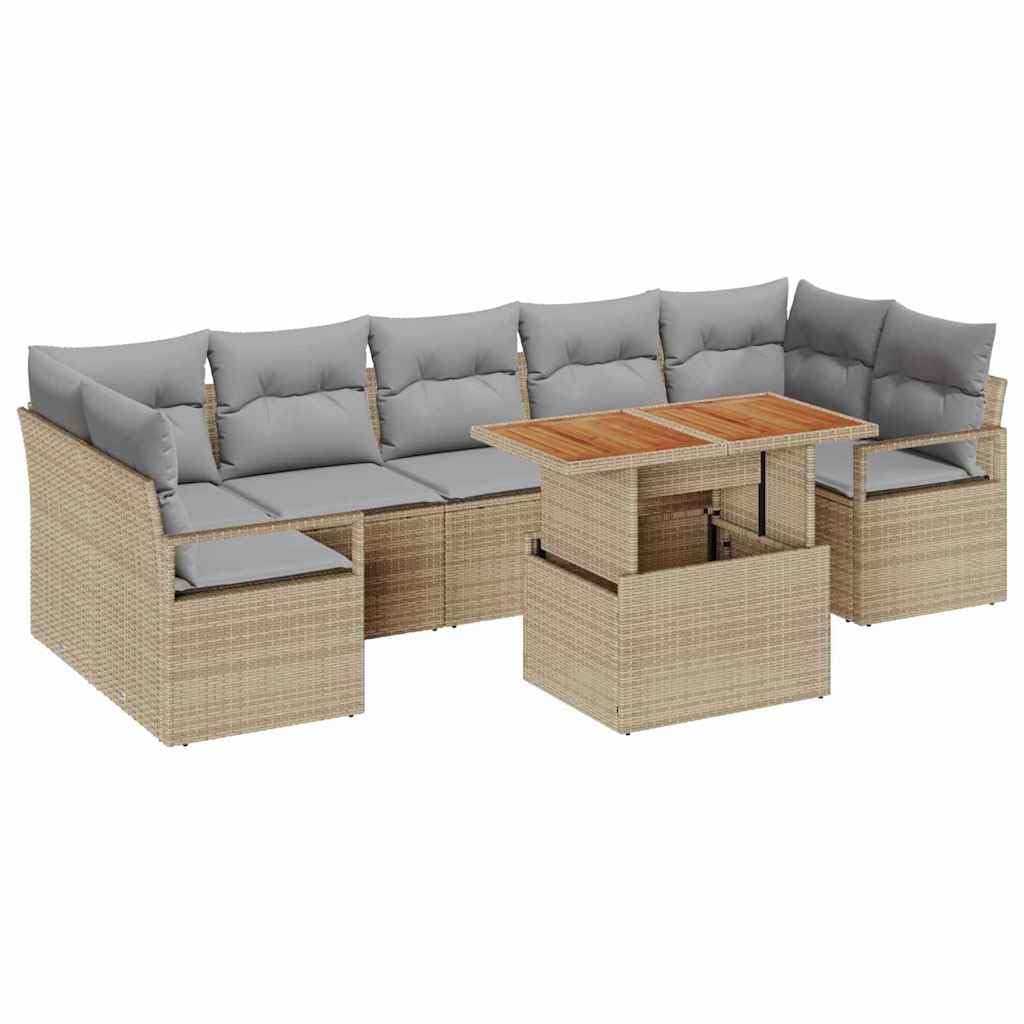 Set di divani da giardino in polyrattan, 8 pezzi, 7 posti, beige e