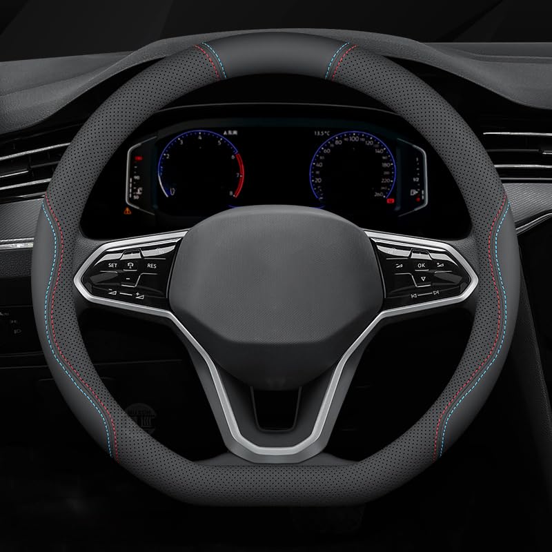 Coprivolante Auto in Pelle per VW UP 2011-2017 2018 2019 2020 2021 2022 2023, Copertura di Volante Antiscivolo Traspirante Copristerzo Accessori Auto Interno,Black-Line-D Shape