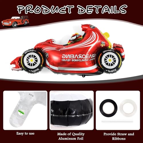 Image of Atpata Funky Hot Red Formula 1 Racing Car Foil Balloon Set with Checkered Theme Round Balloons & Red Yellow Star Balloons ? for Race Car Birthday Party Decorations & Racing Theme Celebrations