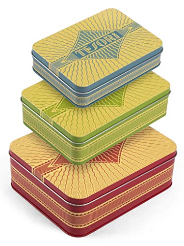 Tesori: Three Nesting Keepsake Tins (stacking red, green and blue decorative tins, for kitchen, desktop, home storage and organization)