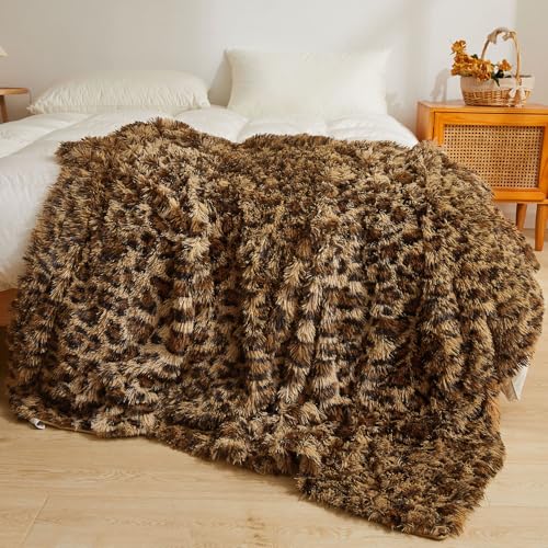 XeGe Luxury Faux Fur Leopard Print Blanket, Soft Cheetah Patterned Fluffy Bed Blanket, Shaggy Plush Decorative Couch Throw, Cute Furry Animal Print Fuzzy Throw for Sofa Bed Couch, Brown, 60x90