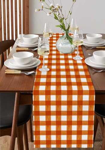 Burnt Orange Checkered Table Runner 108 Inches Long Farmhouse Dress Scarves, Farmhouse Buffalo Plaid Dining Tablerunner for Coffee Table/Kitchen Island/Party Décor, 13" x 108"4