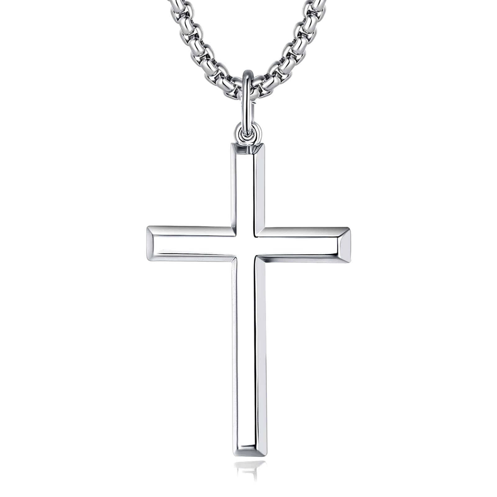 FANCIME Cross Necklace for Men Sterling Silver Cross Necklaces High Polished Gift For Men, Stainless Steel Box Chain Length 24 Inch