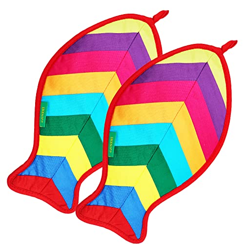 Pot Holders For Kitchen, 2Pcs Fabric Patchwork Mats 100% Cotton Heat Resistant Hot Pads With Hanging Loop For Bbq/Cooking/Baking/Grilling/Microwave/Barbecue (Fish Red) #TOP18