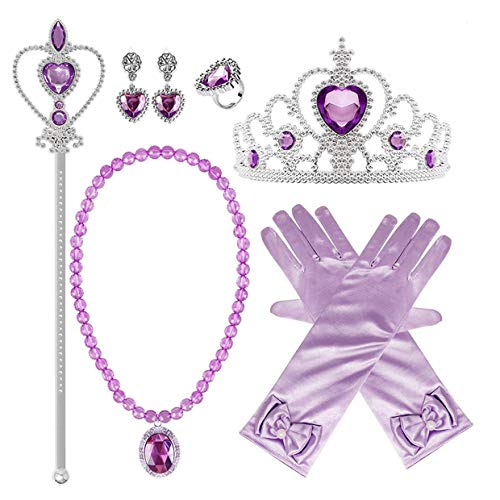 Beunique Accessoires 8 Pièces Fille Déguisement Baguette Magique Couronne Gants Collier Bague Boucles d'oreilles Cosplay Costume Cadeau Anniversaire