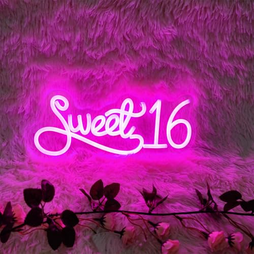 Image of Sweet 16 Neon Signs for Wall Decor, Sweet Sixteen Party Decorations Sweet 16 Neon Sign Sweet Sixteen Decorations LED Light Sign for Birthday Party Commemorative, 13.3 inch x 5.59 inch