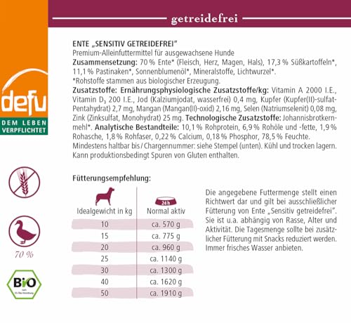 defu Hundefutter | 6 x 820 g | Bio Ente Sensitiv getreidefrei | Premium Bio Nassfutter Menü | Alleinfuttermittel für Hunde