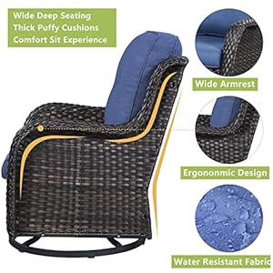 3 pieces patio bistro set outdoor wicker rocking swivel chairs set with 2 swivel chairs and 1 glass top side table for outside deck porch gardenbrown wickerblue cushion  urban country home decor