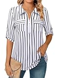 Bulotus Plus Size Tops for Women 3/4 Sleeve, Office Blouses for Women Professional Business Casual Shirts Ladies Collared Elegant Formal Clothes Loose Fit Tunic Tops to Hide Belly, White Stripe, XXL