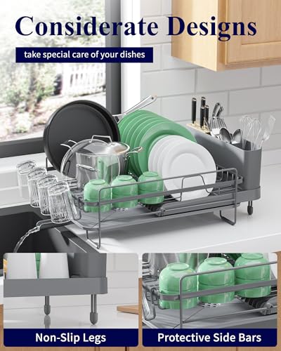 Kitsure Extendable Dish Drying Rack, Large Drying Dish Rack with Cutlery & Cup Holders, Multifunctional Dish Racks for Counter with Drainage, 18.2"-25.7" L x 12.9" W, Grey - Image 6