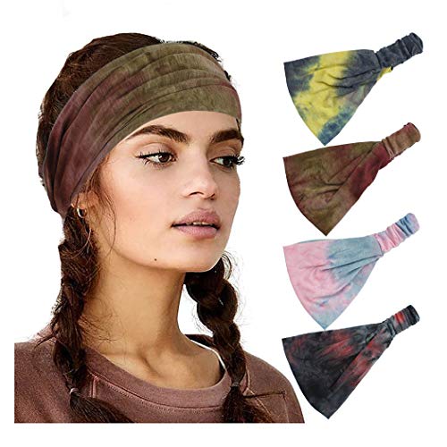Cagora Boho Headbands Tie Dye Hairbands Sport Yoga Head Wrap Cotton Stretch Elastic Hair Scarf Fabric Turban Fashion Hair Accessories for Women and Girls(Pack of 4) (Set B-tie dye)
