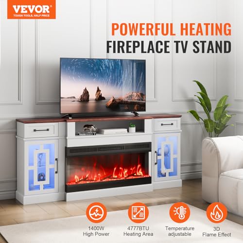 Image of VEVOR 3-Sided Glass Fireplace TV Stand, for TVs up to 80 inch, with 20 LED Lights, Remote Control, and Timer, 70 inch Large Entertainment Center with 36 inch Electric Fireplace, Glass Door Storage Cabinet, White