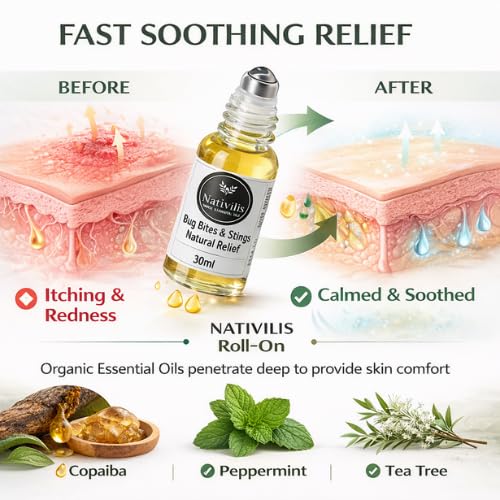 Nativilis Natural Relief for bug bites stings mosquito nettle fleas - Organic Essential Oil Formula - Roll on ball Stainless Steel Ideal Capacity 30ml Daily Use Travel Easy to carry in your purse/bag