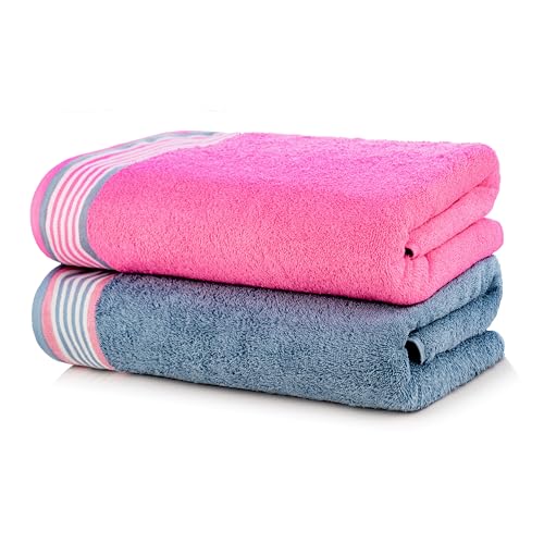 Image of Casa Copenhagen, Germany Design - He & She Super Soft Collection 2 Pieces 100% Cotton Large Bath Towel (Size : 70 x 140 cm) - Dusty Blue & Pink